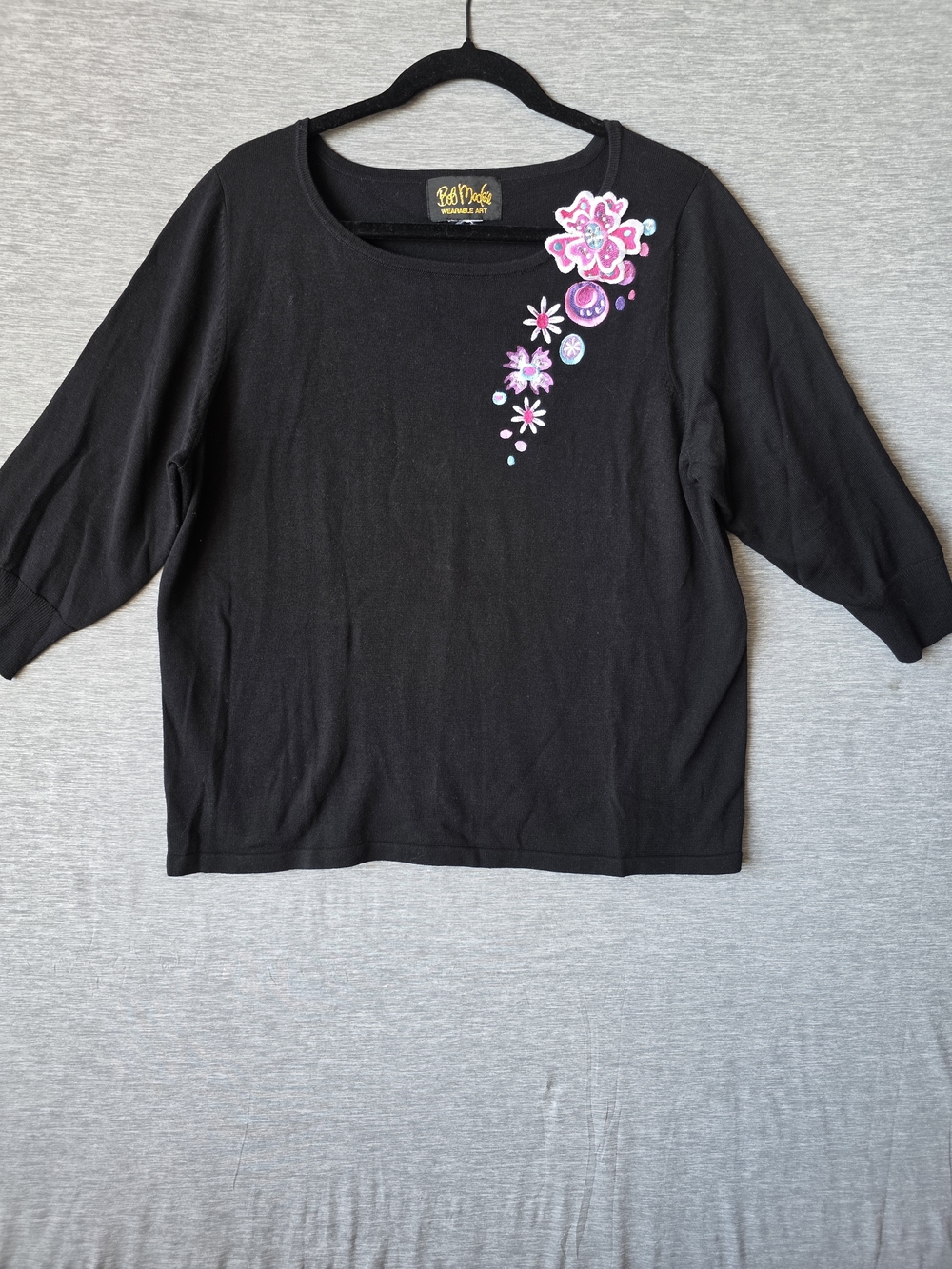 Bob Mackie Wearable Art Black Embroidered Floral Knit Top 3/4 Sleeve Women's